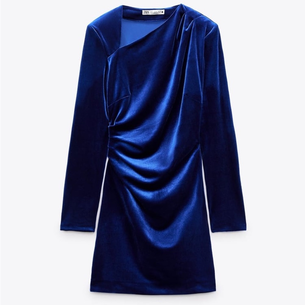 Zara Blue velvet mini dress with asymmetric neckline - NWT